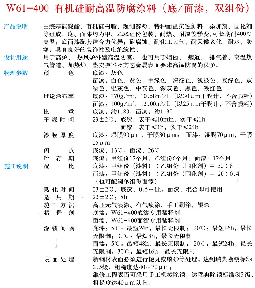 W61-400 有機硅耐高溫防腐涂料（底/面漆，雙組份）