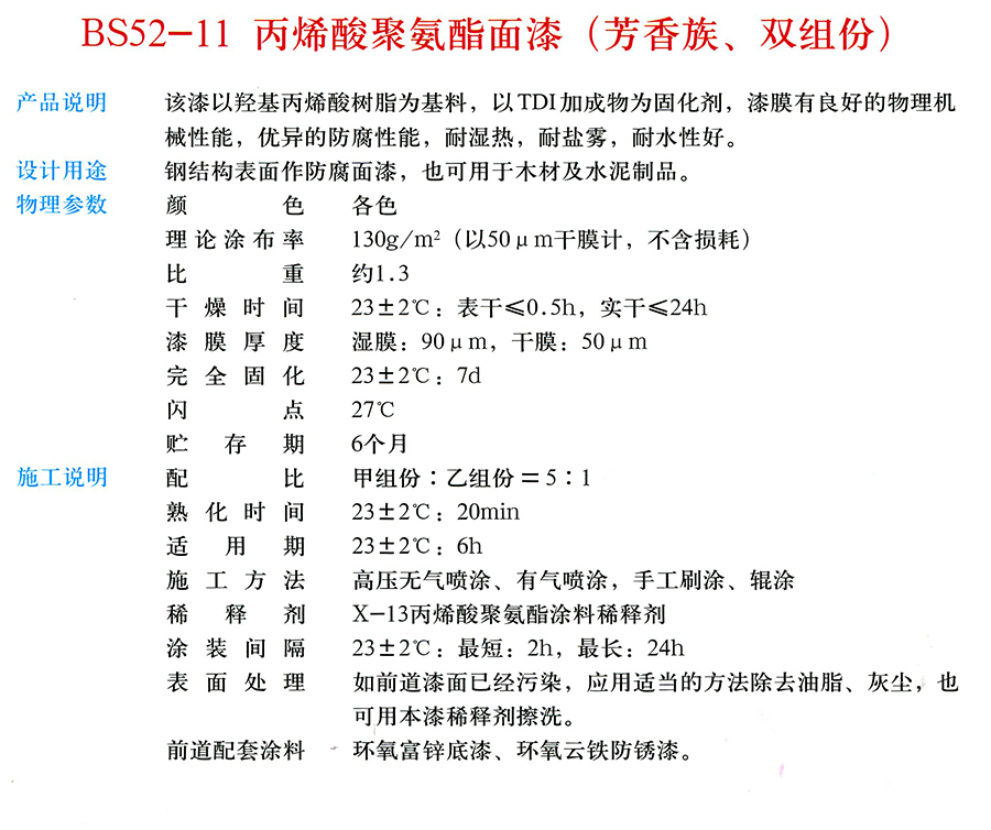 BS52-11 丙烯酸聚氨酯面漆（芳香族、雙組份）