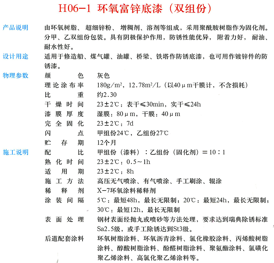 H06-1 環(huán)氧富鋅底漆（雙組份）